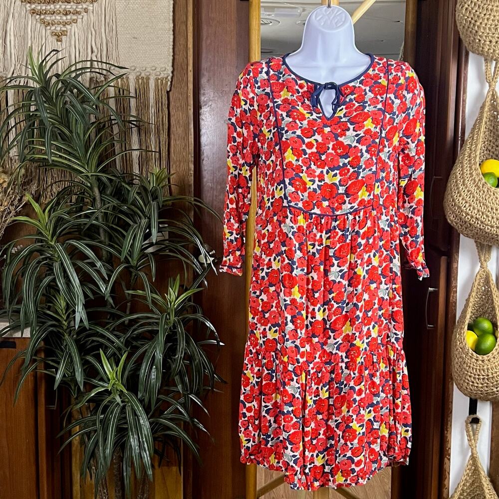Cath Kidston Floral Dress Drop Waist UK 10 US 6 Red Blue Cottagecore Viscose Tea